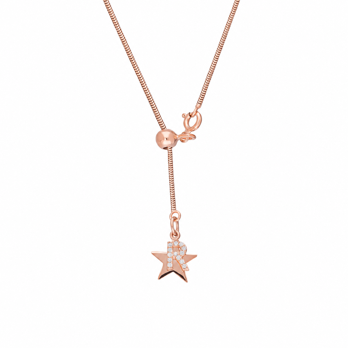Kişiye Özel Harf Sallantılı Kalpli Asansör Yılan Zincir Kolye | 925 Ayar Gümüş – Jeweliay Jewelry – 9 – Rose – Yıldız beyaz fon #RENK_rose