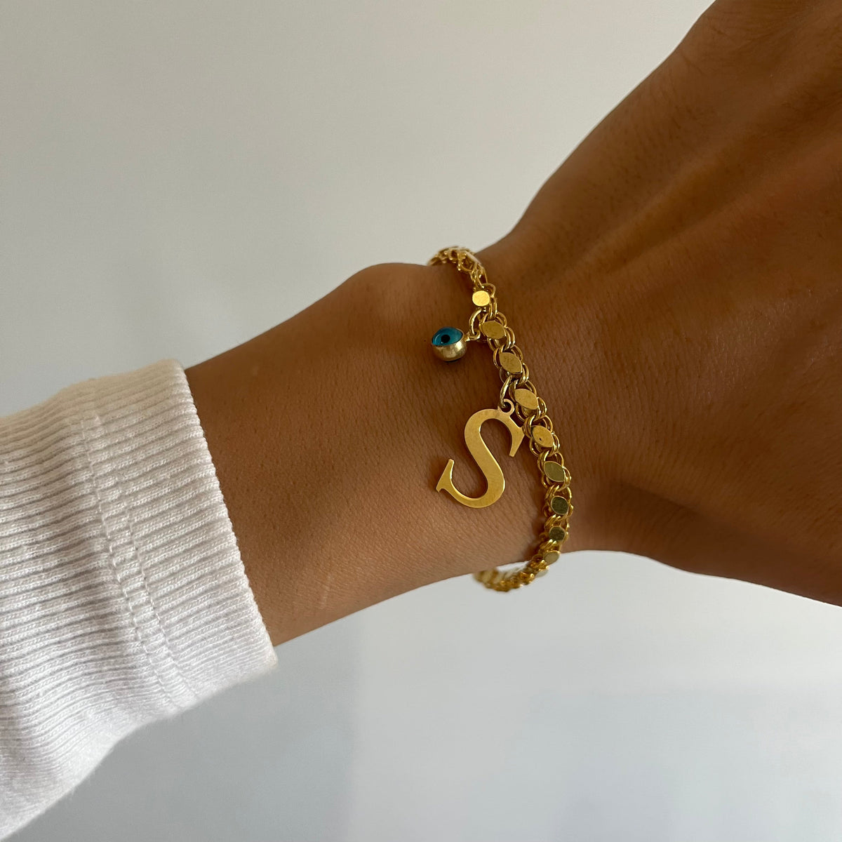 Kişiye Özel Harfli Nazar Pullu Zincir Bileklik | 925 Ayar Gümüş – Jeweliay Jewelry – 4