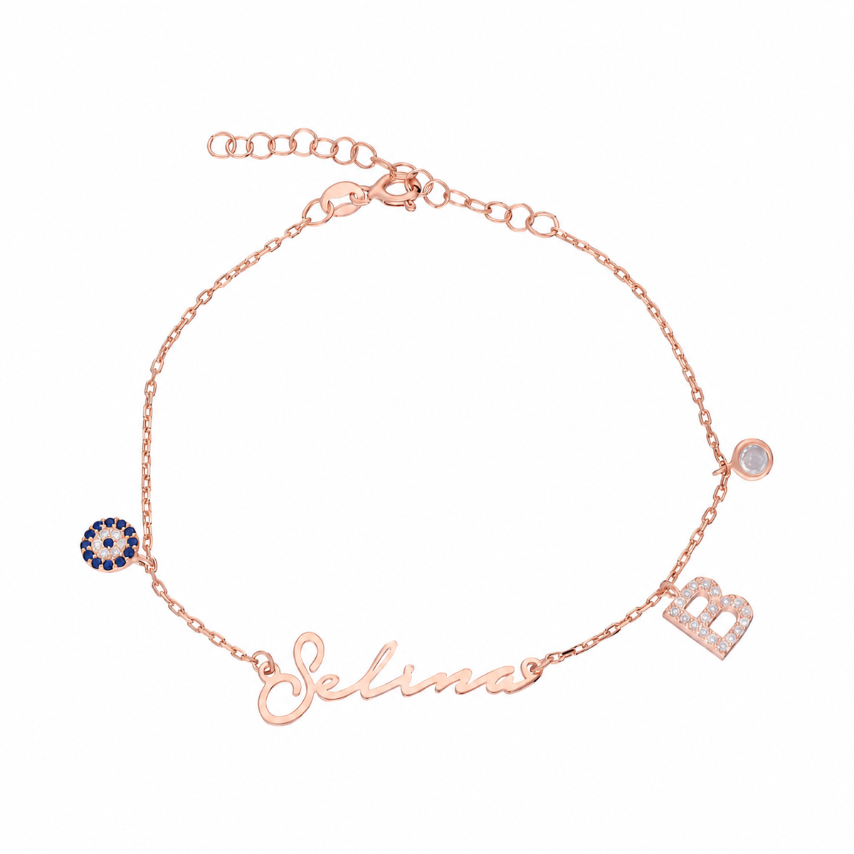 Kişiye Özel Harfli ve İsimli Nazarlı Sallantılı Notera Bileklik | 925 Ayar Gümüş – Jeweliay Jewelry – 3 – Rose beyaz fon #RENK_rose