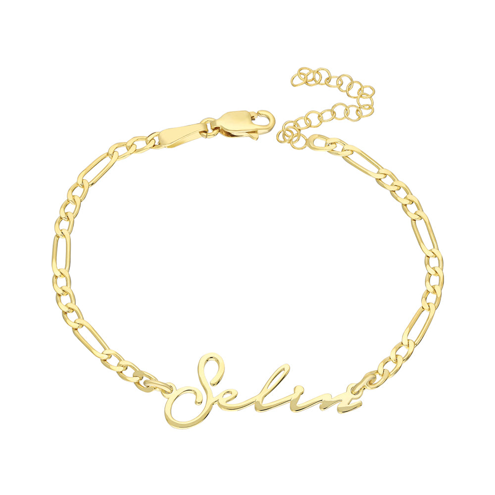 Kişiye Özel İsim Yazılı Figaro Zincir Bileklik | 925 Ayar Gümüş – Jeweliay Jewelry – 1 – Gold beyaz fon #RENK_gold