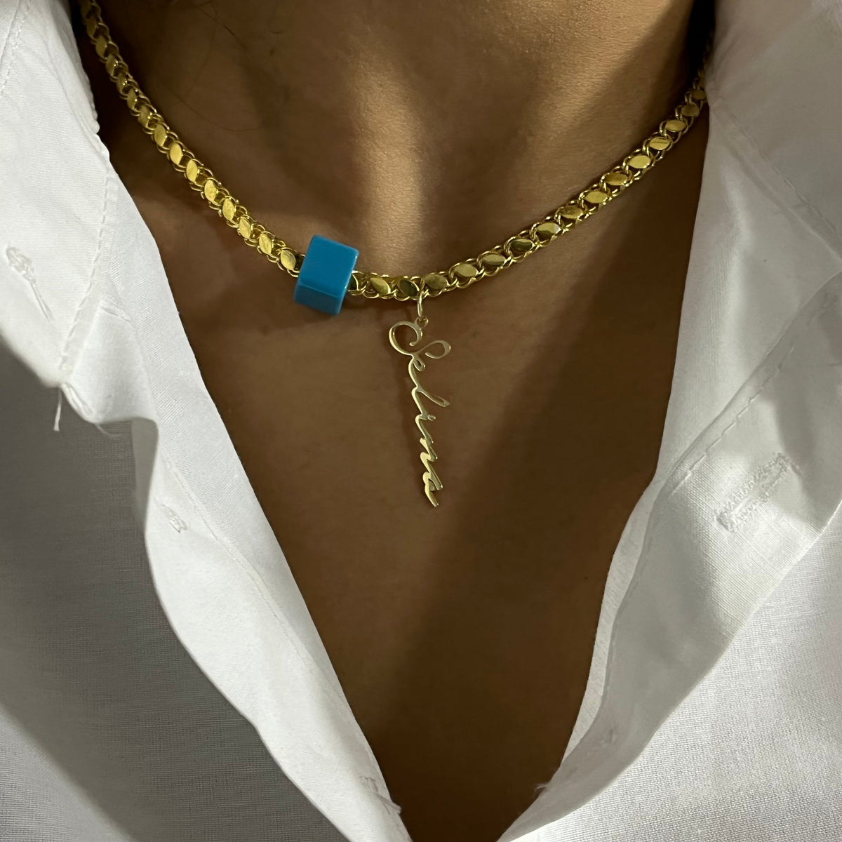 Kişiye Özel İsim Yazılı Firuze Taşlı Pullu Zincir Kolye | 925 Ayar Gümüş – Jeweliay Jewelry – 4