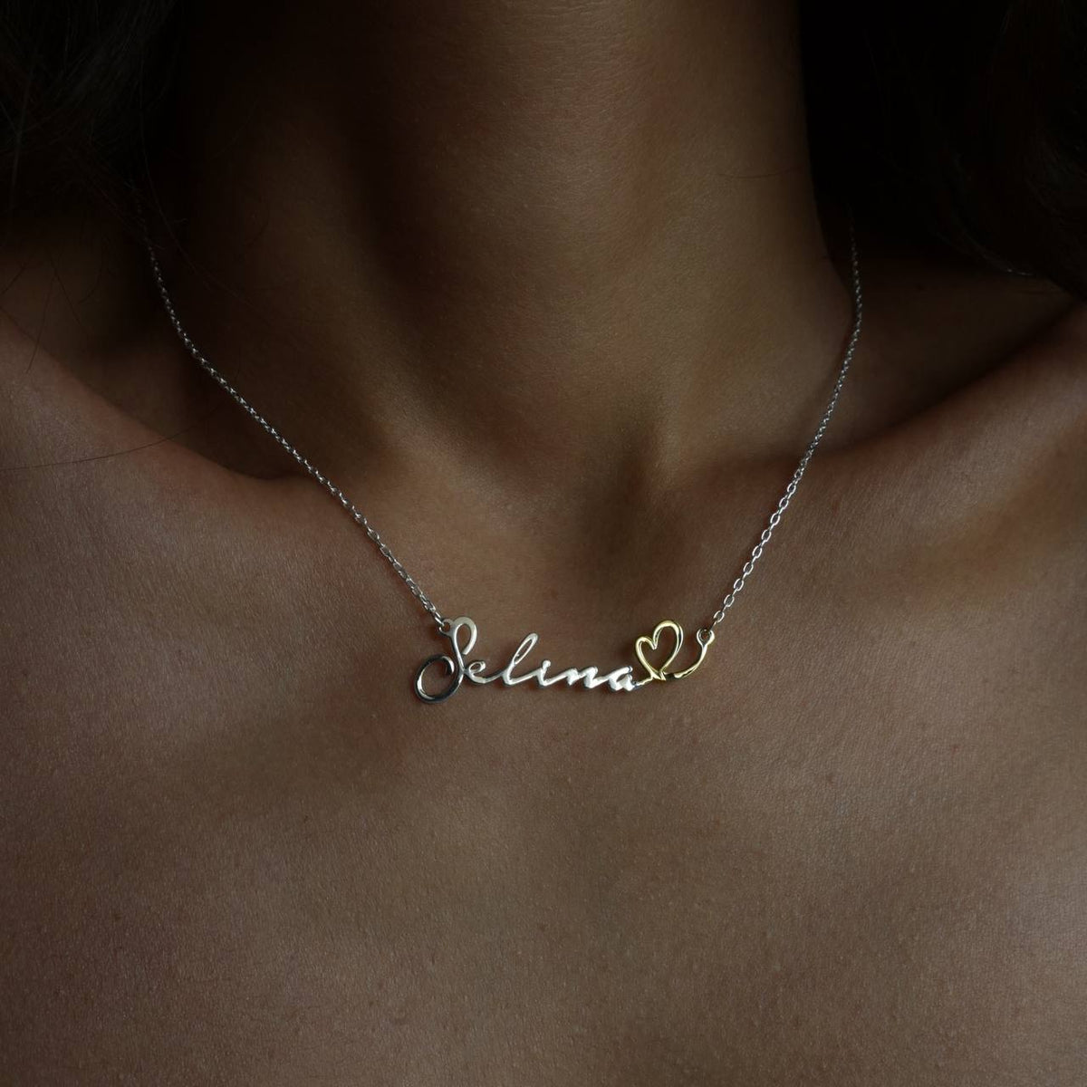 Kişiye Özel İsim Yazılı Kalp Sembolü Yatay Çift Renk Kolye | 925 Ayar Gümüş – Jeweliay Jewelry – 2