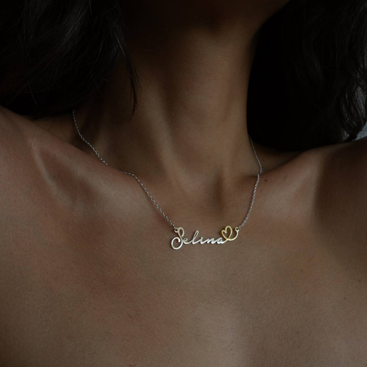Kişiye Özel İsim Yazılı Kalp Sembolü Yatay Çift Renk Kolye | 925 Ayar Gümüş – Jeweliay Jewelry – 3