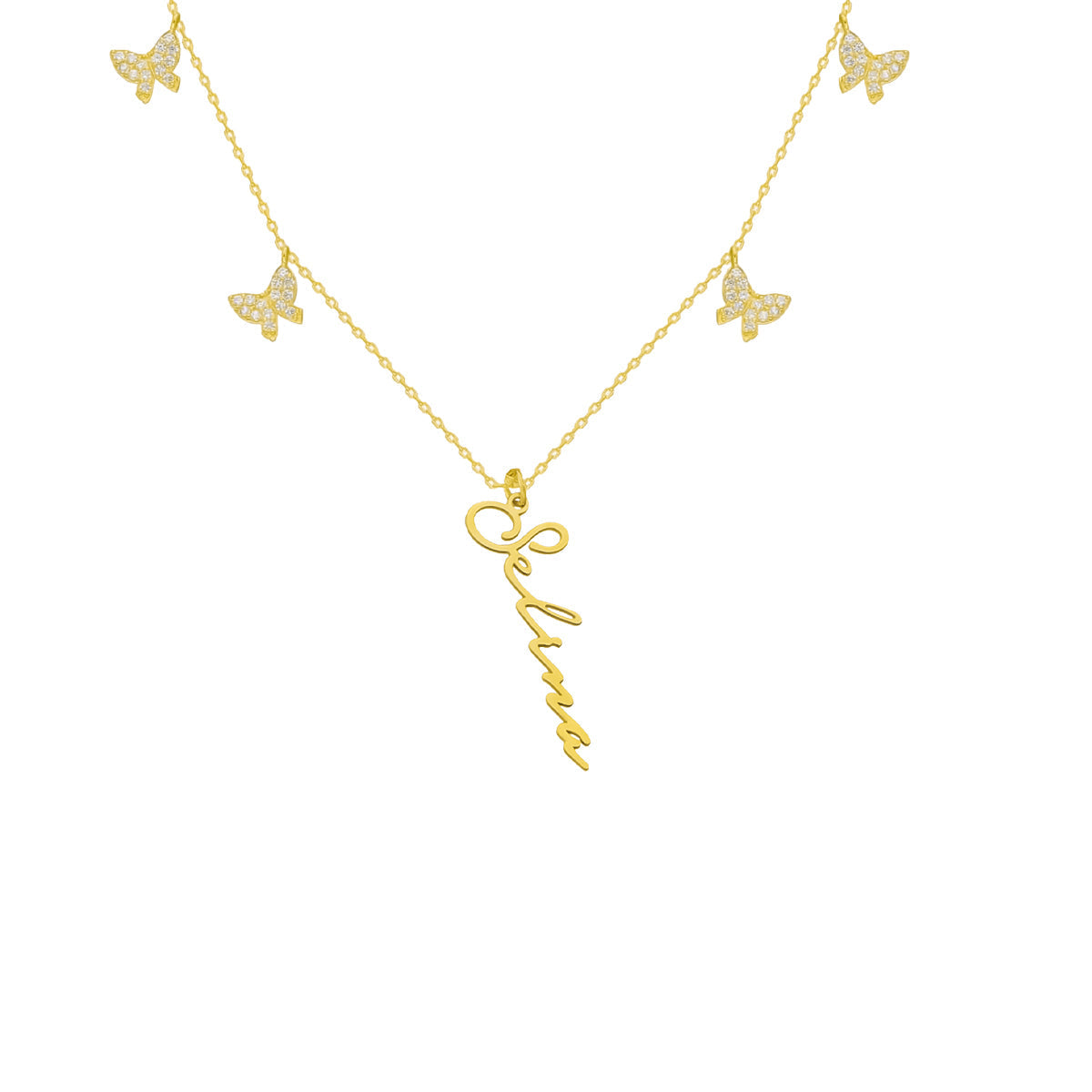 Kişiye Özel İsim Yazılı Kelebek Şans Kolye | 925 Ayar Gümüş — Gold — beyaz fon #RENK_gold