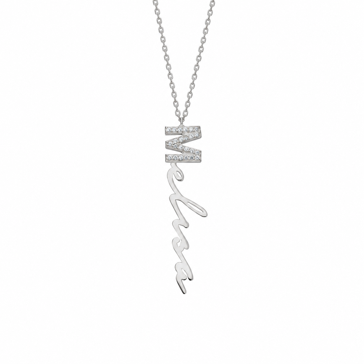 Kişiye Özel İsim Yazılı Zirkon Taşlı Dikey İmza Kolye | 925 Ayar Gümüş – Jeweliay Jewelry – 2 – Silver beyaz fon #RENK_silver