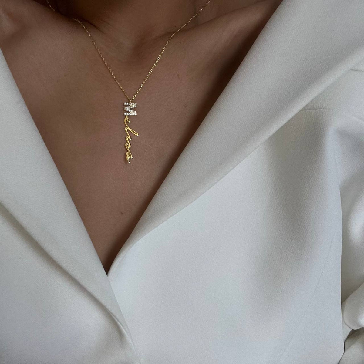 Kişiye Özel İsim Yazılı Zirkon Taşlı Dikey İmza Kolye | 925 Ayar Gümüş – Jeweliay Jewelry – 5