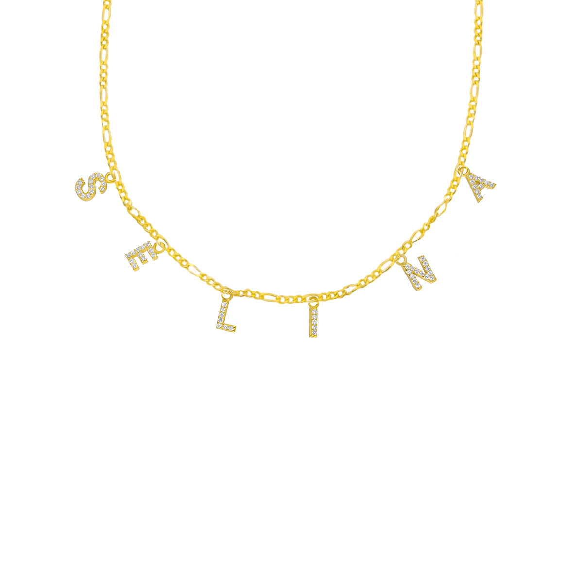 Kişiye Özel İsim Yazılı Zirkon Taşlı Figaro Zincir Kolye | 925 Ayar Gümüş — Gold — beyaz fon #RENK_gold