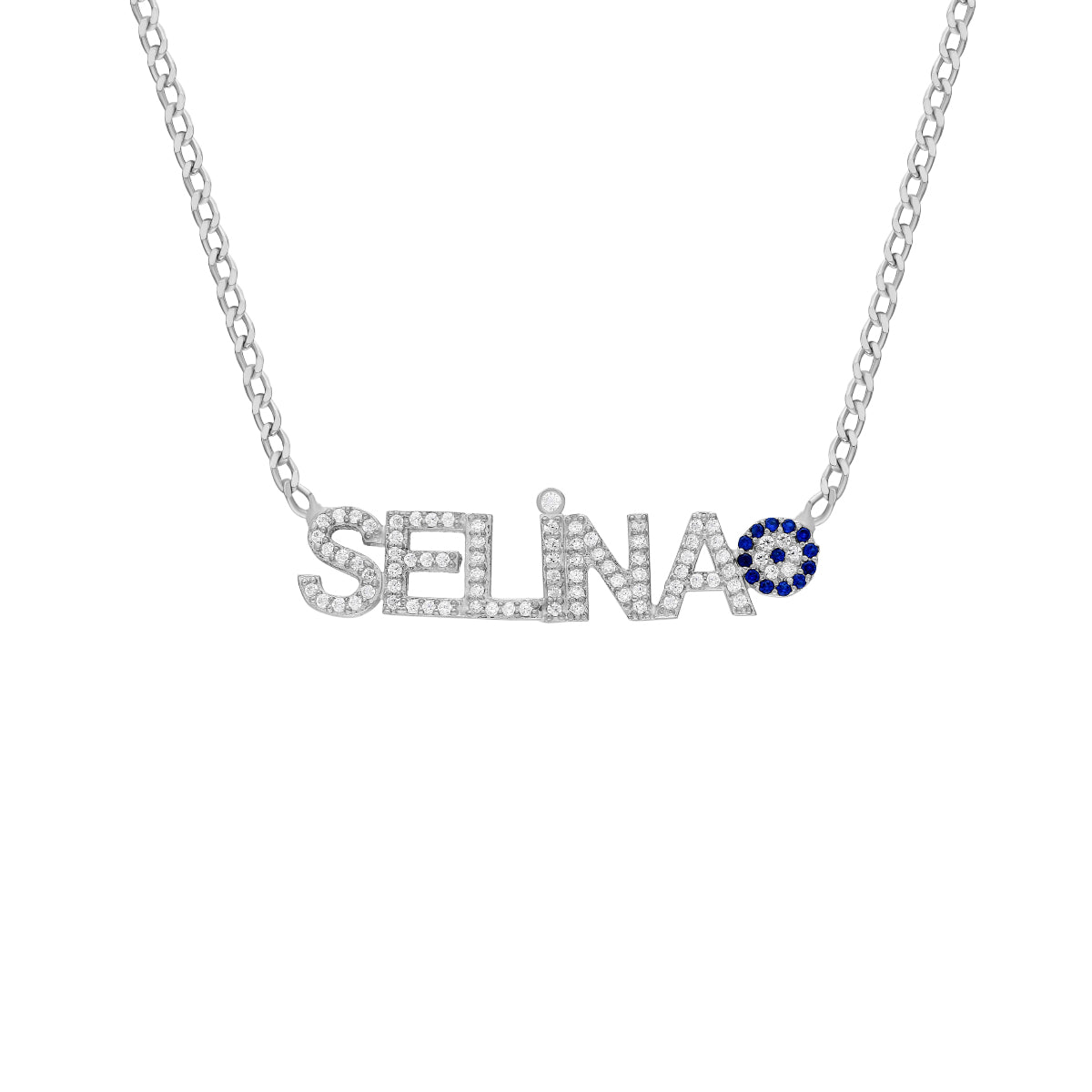 Kişiye Özel İsim Yazılı Zirkon Taşlı Nazar Gurmet Zincir Kolye | 925 Ayar Gümüş – Jeweliay Jewelry – 2 – Silver beyaz fon #RENK_silver