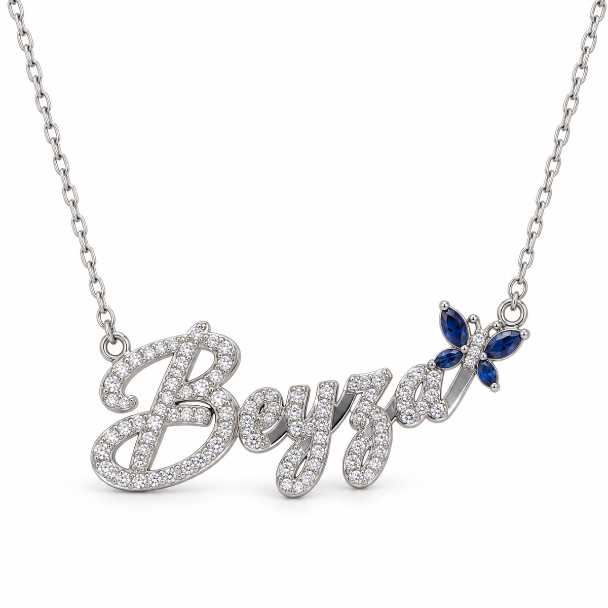 Kişiye özel mavi kelebekli taşlı isim kolye, Silver, beyaz fon – Jeweliay Jewelry