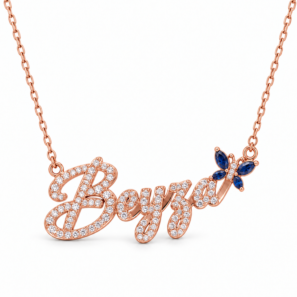 Kişiye özel mavi kelebekli taşlı isim kolye, Rose, beyaz fon – Jeweliay Jewelry