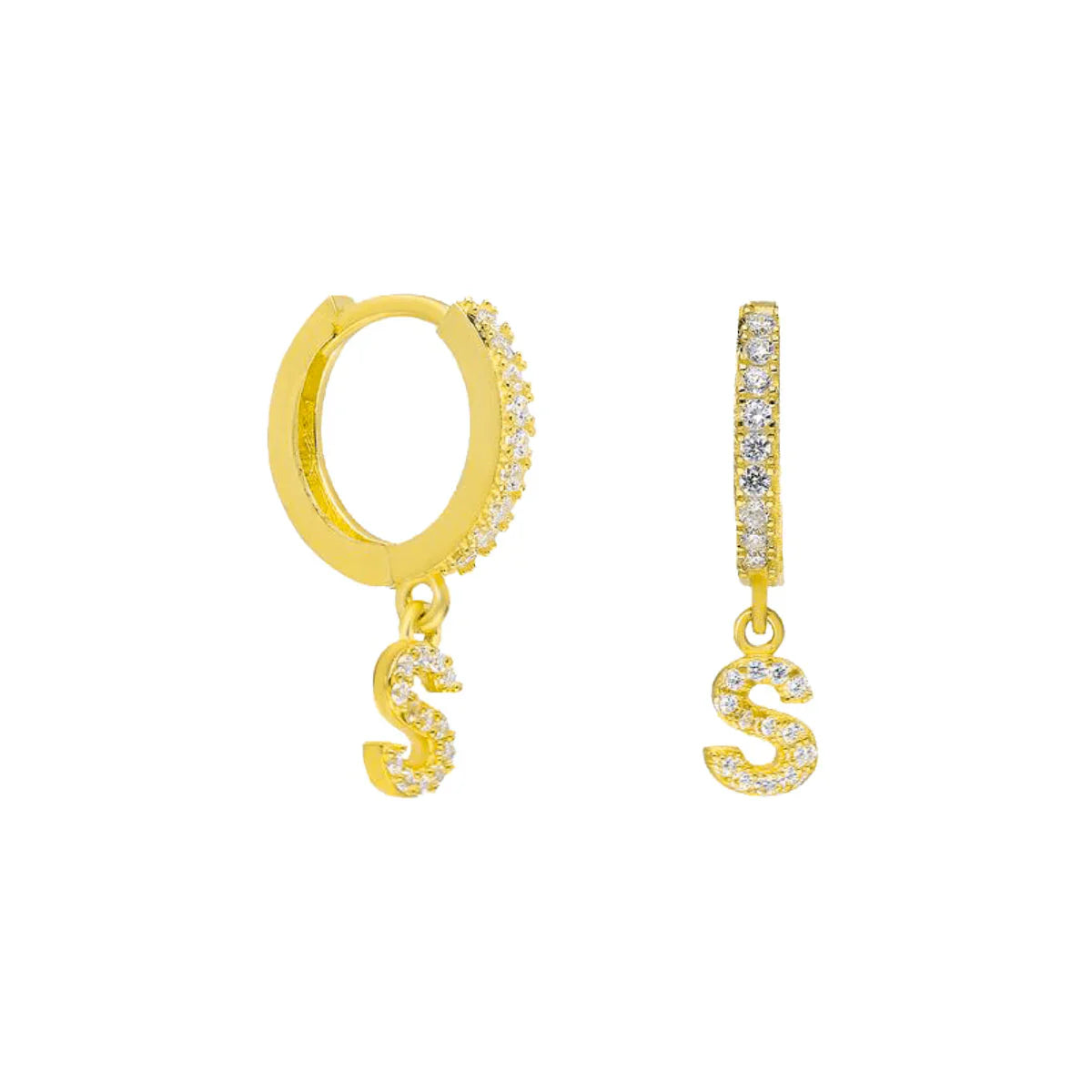 Kişiye Özel Sallantılı Taşlı Harf Halka Küpe | 925 Ayar Gümüş – Jeweliay Jewelry – 1 – Gold beyaz fon #RENK_gold
