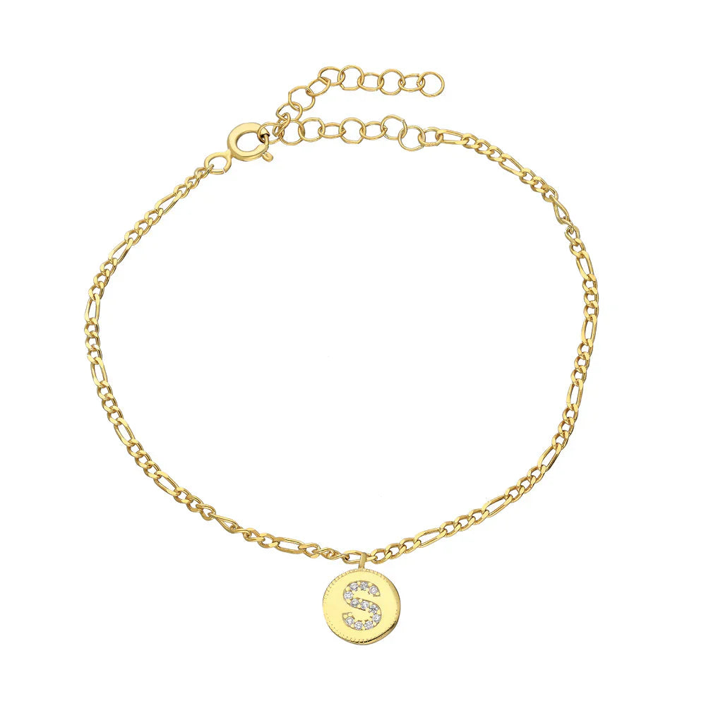 Kişiye Özel Taşlı Harf Figaro Zincir Bileklik | 925 Ayar Gümüş – Jeweliay Jewelry – 1 – Gold beyaz fon #RENK_gold