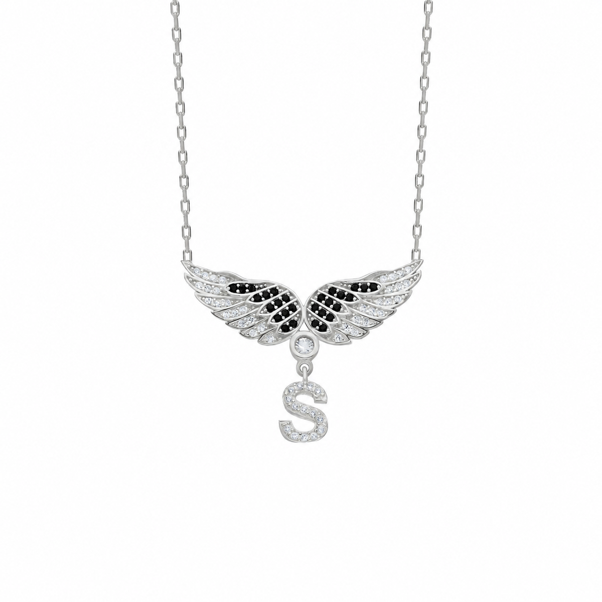 Kişiye Özel Taşlı Harf Sallantılı Melek Kanadı Kolye | 925 Ayar Gümüş – Jeweliay Jewelry – 2 – Silver beyaz fon #RENK_silver