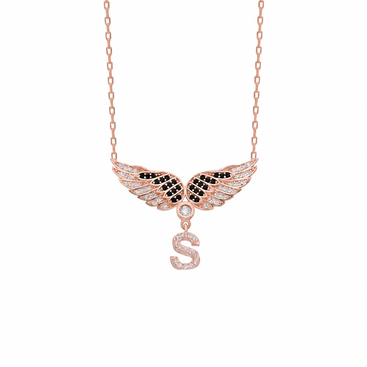 Kişiye Özel Taşlı Harf Sallantılı Melek Kanadı Kolye | 925 Ayar Gümüş – Jeweliay Jewelry – 3 – Rose beyaz fon #RENK_rose