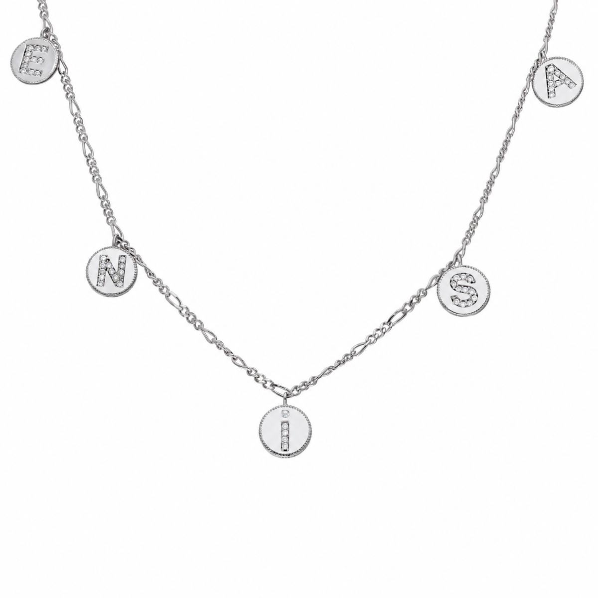 Kişiye Özel Yuvarlak İsim Yazılı Zirkon Taşlı Figaro Zincir Kolye | 925 Ayar Gümüş – Jeweliay Jewelry – 2 – Silver beyaz fon #RENK_silver