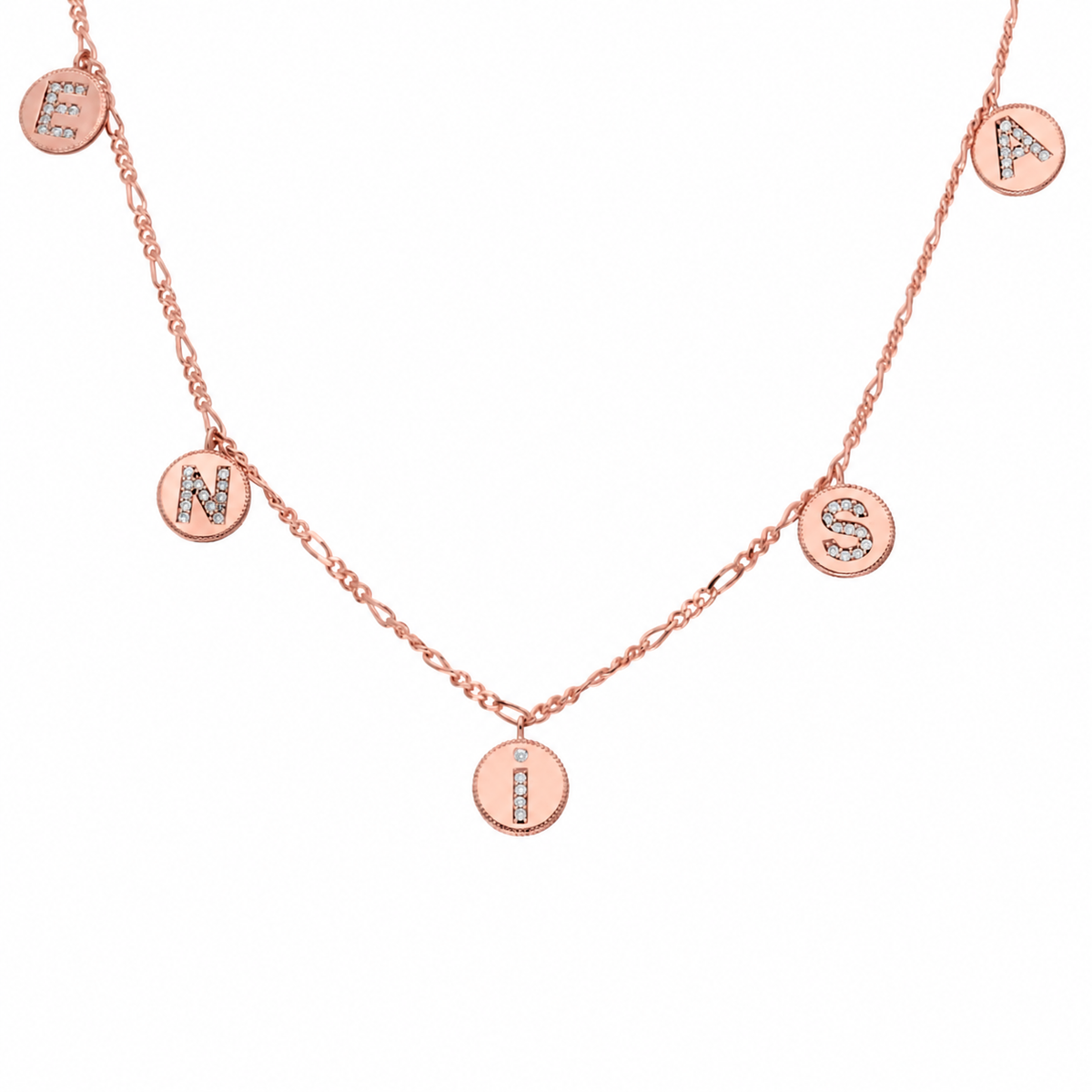 Kişiye Özel Yuvarlak İsim Yazılı Zirkon Taşlı Figaro Zincir Kolye | 925 Ayar Gümüş – Jeweliay Jewelry – 3 – Rose beyaz fon #RENK_rose