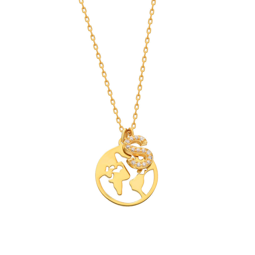 Kişiye Özel Zirkon Taşlı Harf Sallantılı Dünya Kolye | 925 Ayar Gümüş – Jeweliay Jewelry – 1 – Gold beyaz fon #RENK_gold