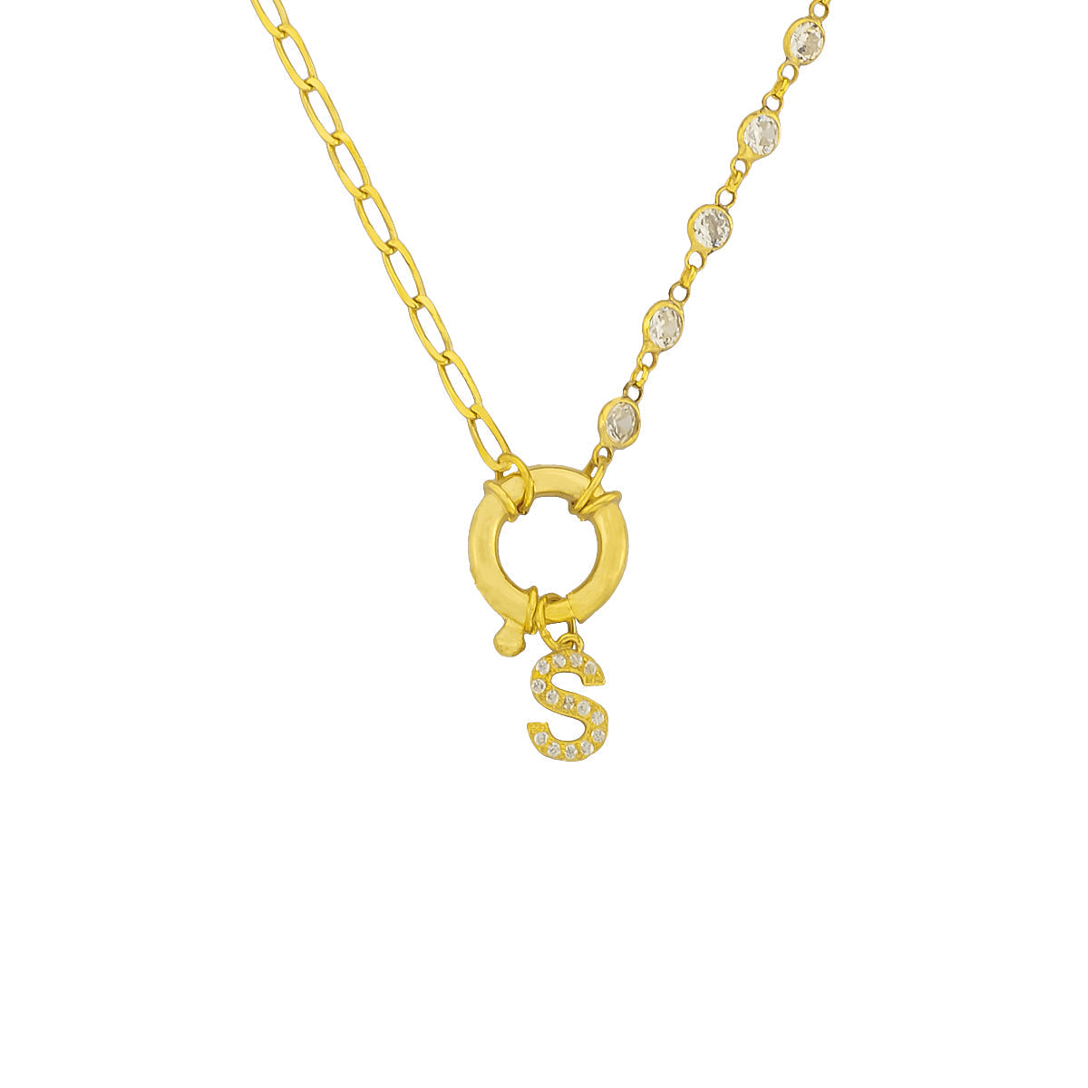 Kişiye Özel Zirkon Taşlı Harf Sallantılı Kapama Taşlı Zincir Kolye | 925 Ayar Gümüş – Jeweliay Jewelry – 1 – Gold beyaz fon #RENK_gold