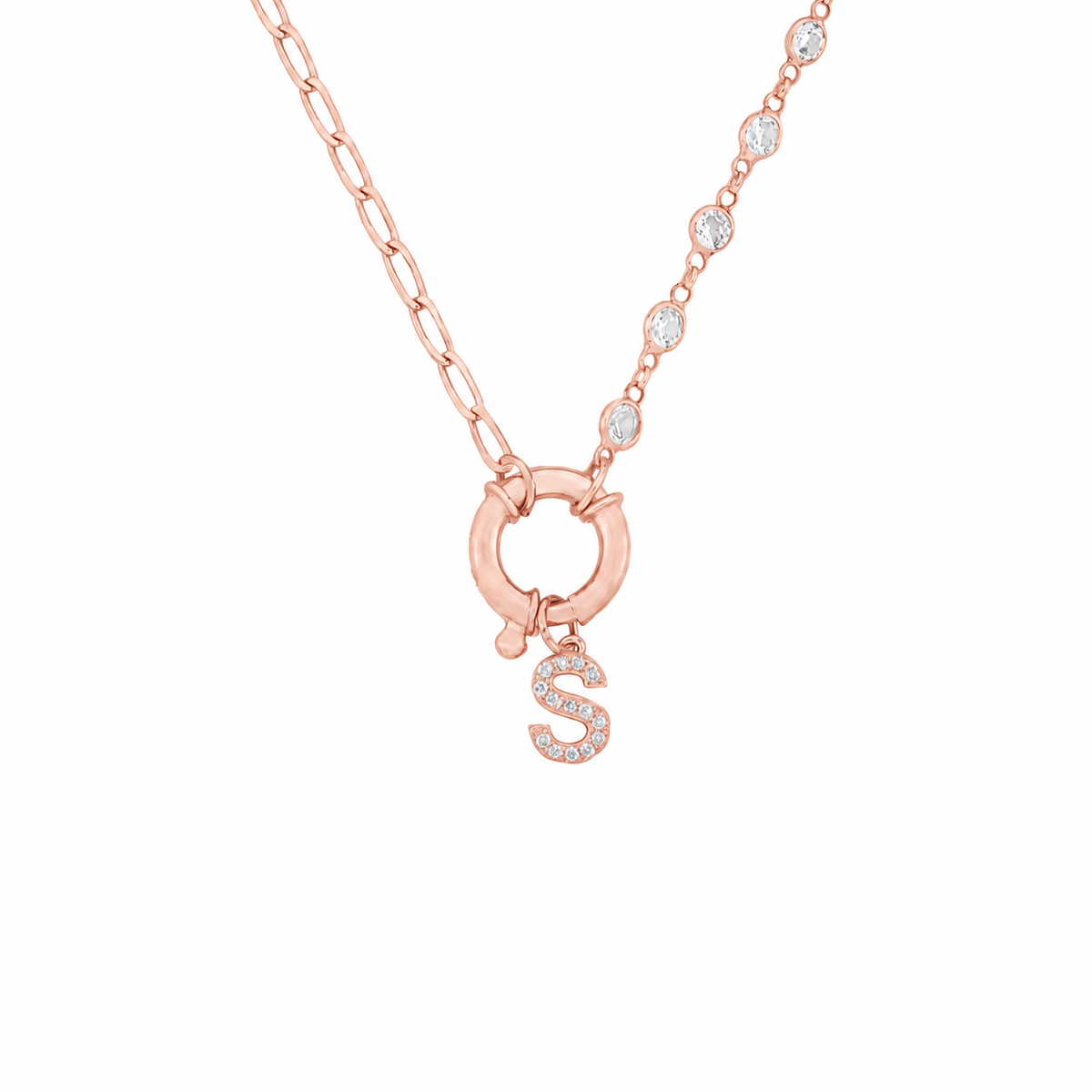 Kişiye Özel Zirkon Taşlı Harf Sallantılı Kapama Taşlı Zincir Kolye | 925 Ayar Gümüş – Jeweliay Jewelry – 3 – Rose beyaz fon #RENK_rose