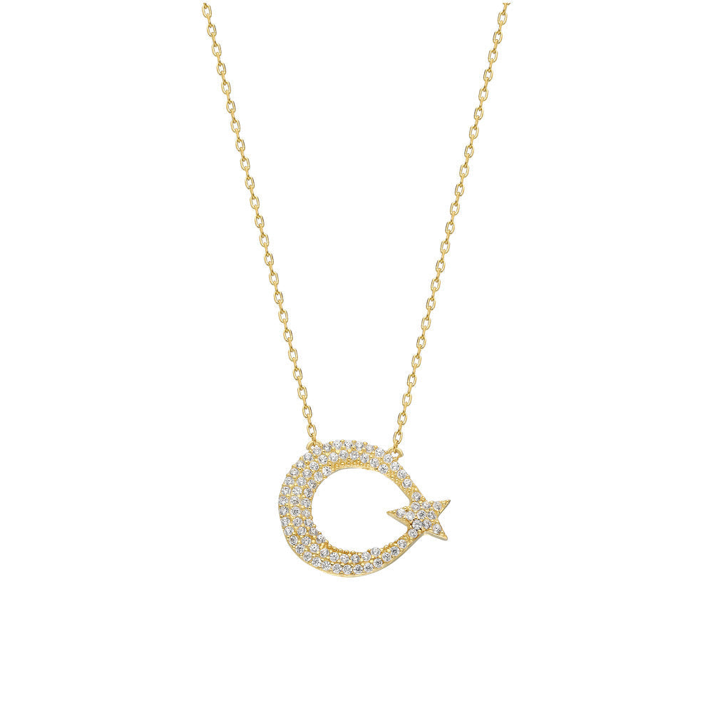 Zirkon Taşlı Ay Yıldız Kolye | 925 Ayar Gümüş – Jeweliay Jewelry – 4 – Gold beyaz fon #RENK_gold