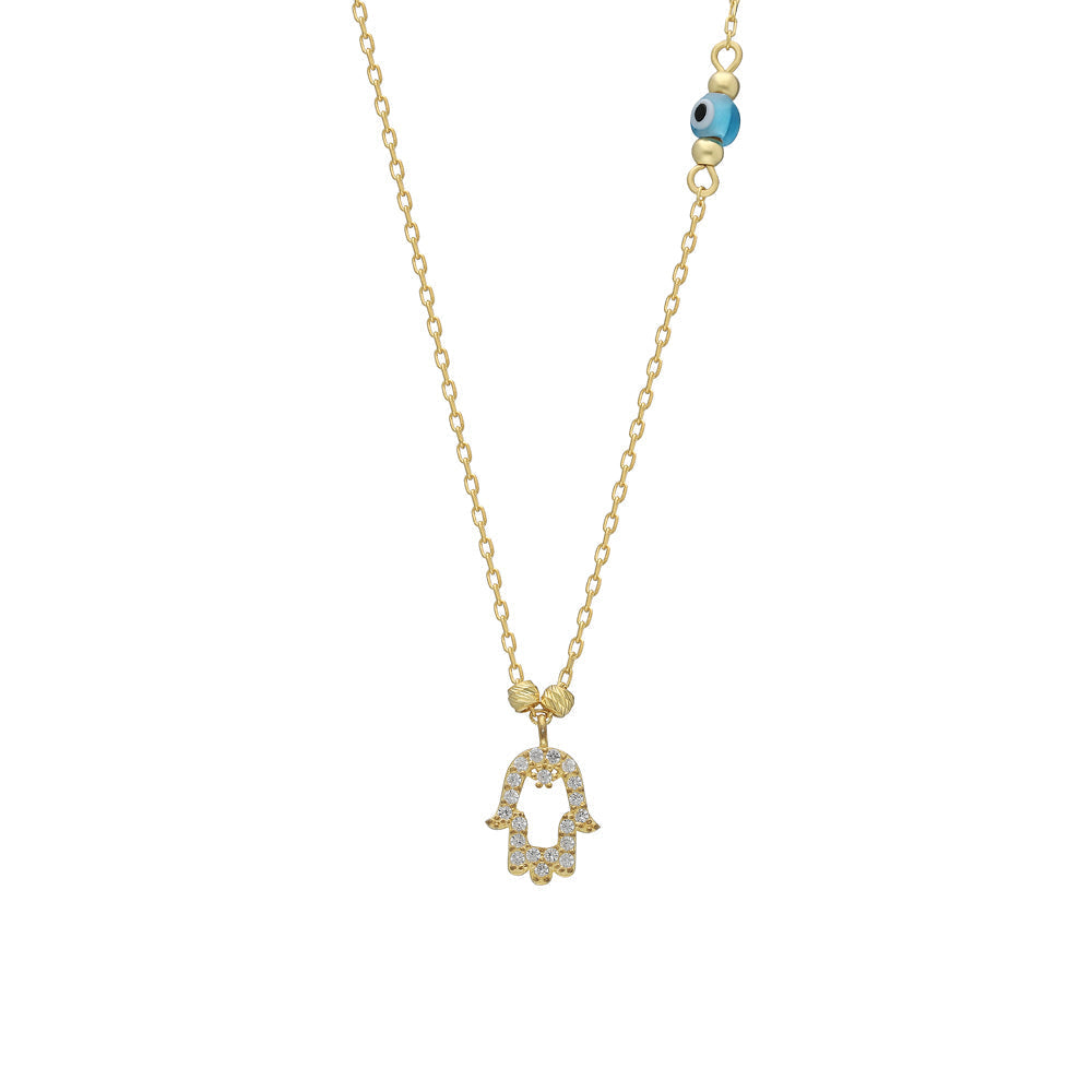 Zirkon Taşlı Dorica Toplu Göz Nazarlı Fatma Ana Eli Kolye | 925 Ayar Gümüş – Jeweliay Jewelry – 1 – Gold beyaz fon #RENK_gold