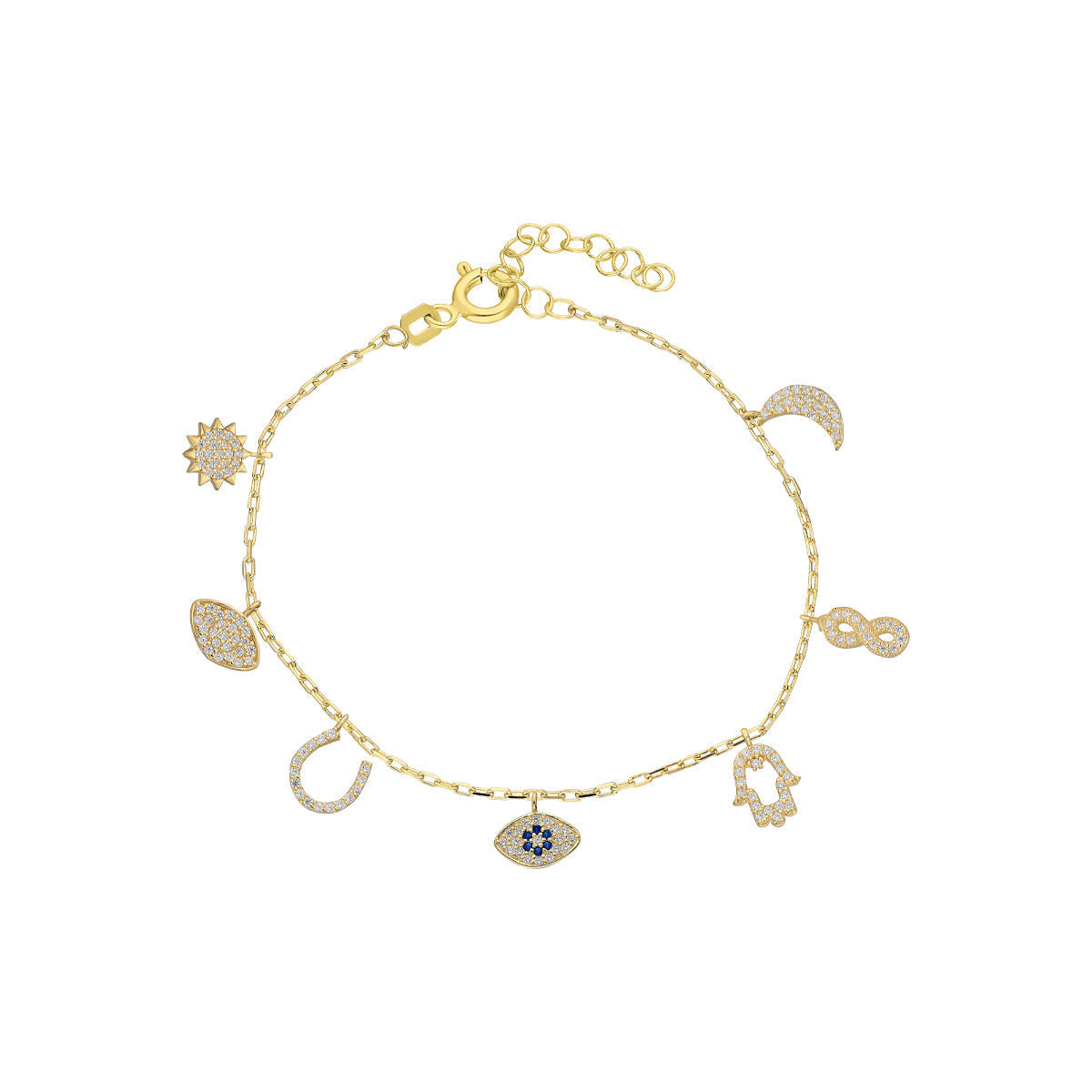 Zirkon Taşlı Yedi Charmlı Şans Bileklik | 925 Ayar Gümüş – Jeweliay Jewelry – 1 – Gold beyaz fon #RENK_gold